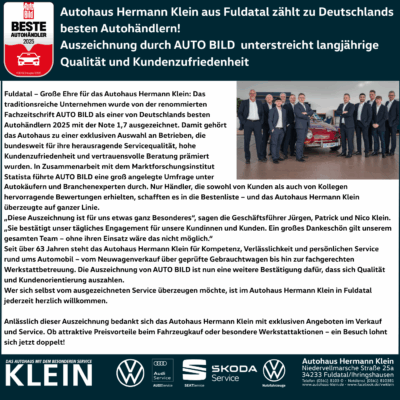 Autohaus Hermann Klein aus Fuldatal zählt zu Deutschlands besten Autohändlern!